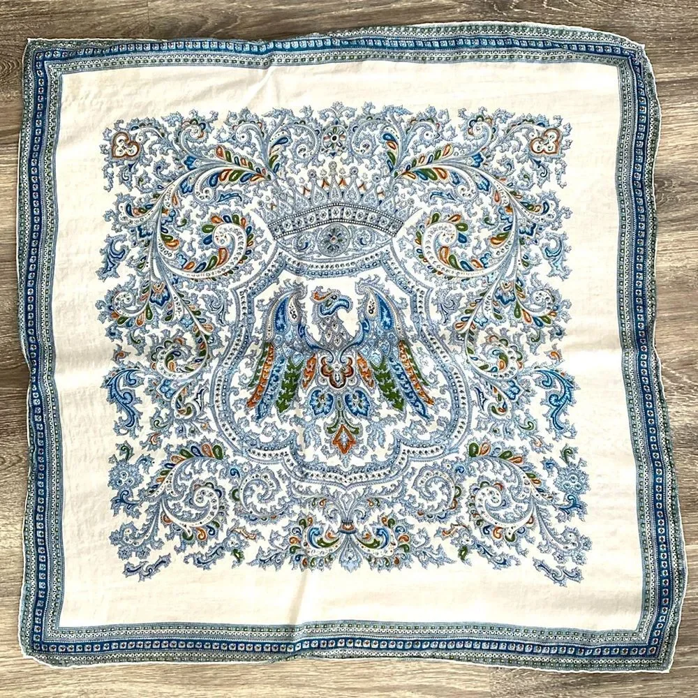 Beautiful Paisley Bird motifs Boho Large Silk Scarf in Blue, Green, Orange 30”